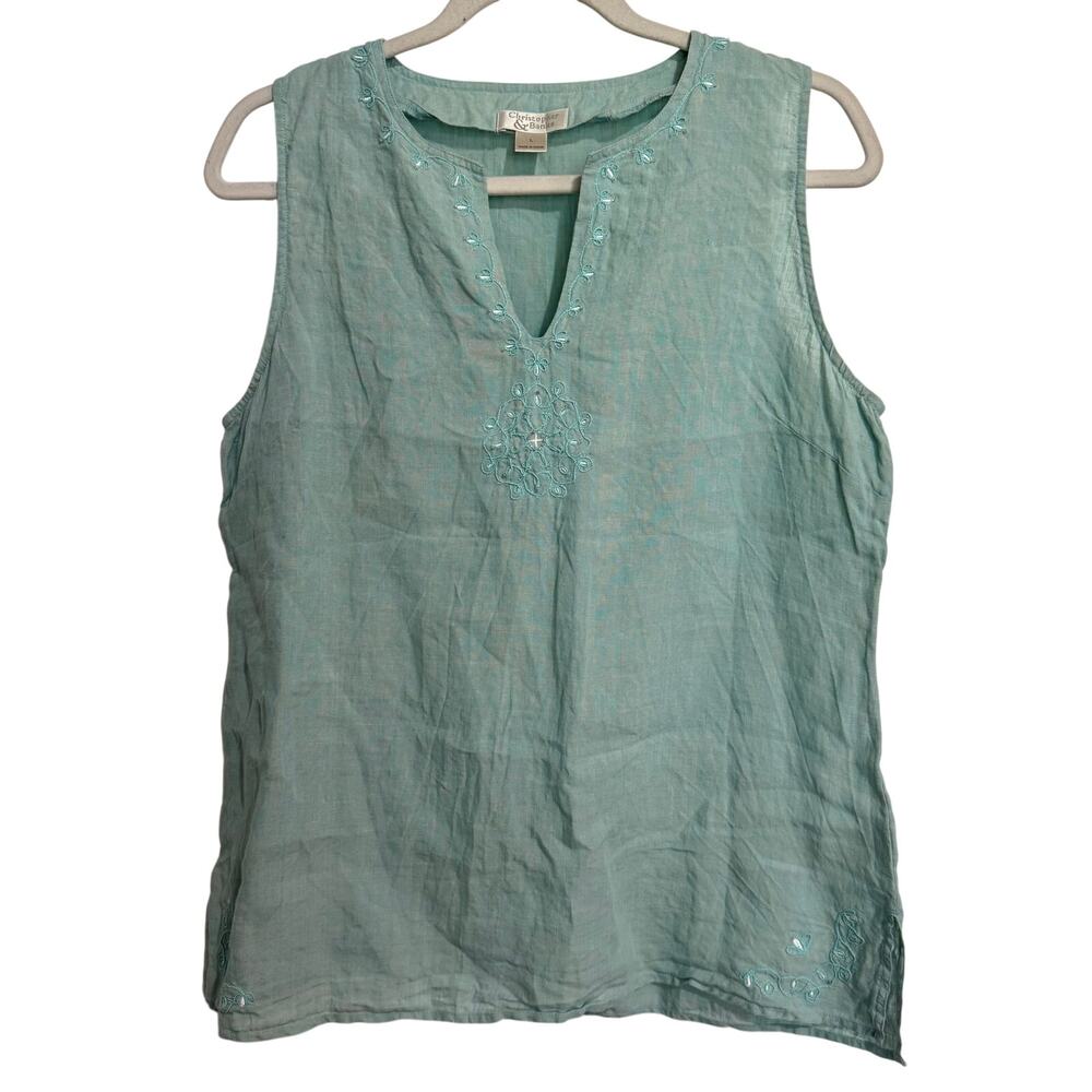 CJ Banks Women's Light Turquoise Embroidered Linen Tank Top Size L
